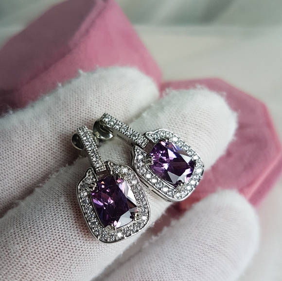 Swarovski Elements Amethyst Purple Emerald-cut Halo Earrings NEW - Picture 1 of 14